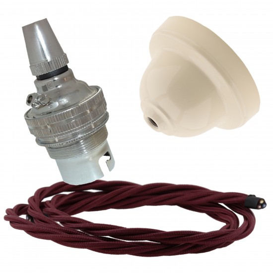 Ivory Bakelite Ceiling Pendant Kit with B22 Silver Nickel Finish Lampholder and Rich Burgundy Flex Ivory Bakelite Ceiling Pendant Kit with B22 Silver Nickel Finish Lampholder and Rich Burgundy Flex