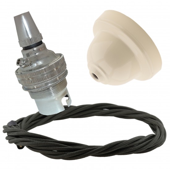 Ivory Bakelite Ceiling Pendant Kit with B22 Silver Nickel Finish Lampholder and Khaki Green Flex Ivory Bakelite Ceiling Pendant Kit with B22 Silver Nickel Finish Lampholder and Khaki Green Flex