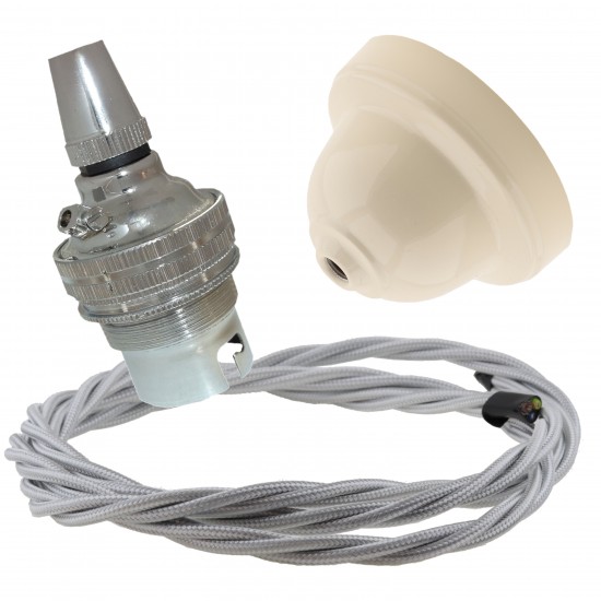 Ivory Bakelite Ceiling Pendant Kit with B22 Silver Nickel Finish Lampholder and Silver Flex