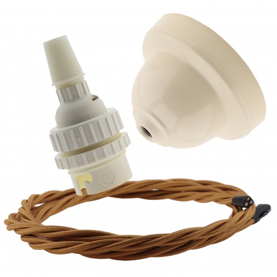 Ivory Bakelite Ceiling Pendant Kit with B22 White Thermoset Lampholder and Antique Gold Flex Ivory Bakelite Ceiling Pendant Kit with B22 White Thermoset Lampholder and Antique Gold Flex