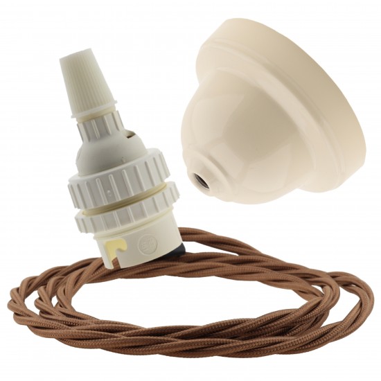 Ivory Bakelite Ceiling Pendant Kit with B22 White Thermoset Lampholder and Bronze Flex Ivory Bakelite Ceiling Pendant Kit with B22 White Thermoset Lampholder and Bronze Flex