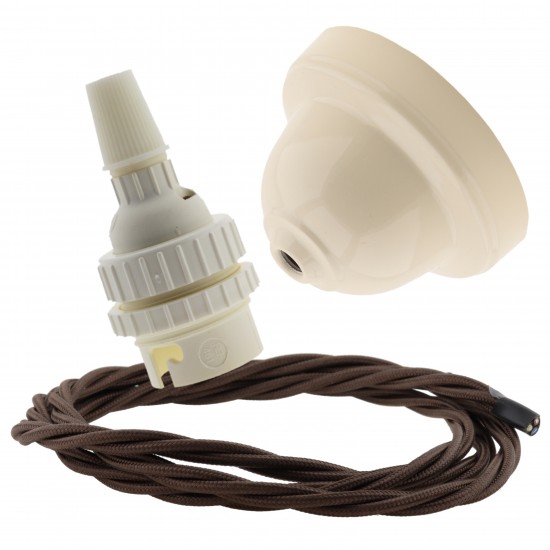 Ivory Bakelite Ceiling Pendant Kit with B22 White Thermoset Lampholder and Mocha Brown Flex Ivory Bakelite Ceiling Pendant Kit with B22 White Thermoset Lampholder and Mocha Brown Flex
