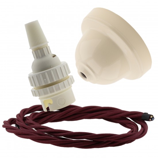 Ivory Bakelite Ceiling Pendant Kit with B22 White Thermoset Lampholder and Rich Burgundy Flex Ivory Bakelite Ceiling Pendant Kit with B22 White Thermoset Lampholder and Rich Burgundy Flex