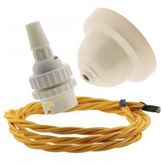 Ivory Bakelite Ceiling Pendant Kit with B22 White Thermoset Lampholder and Gold Flex