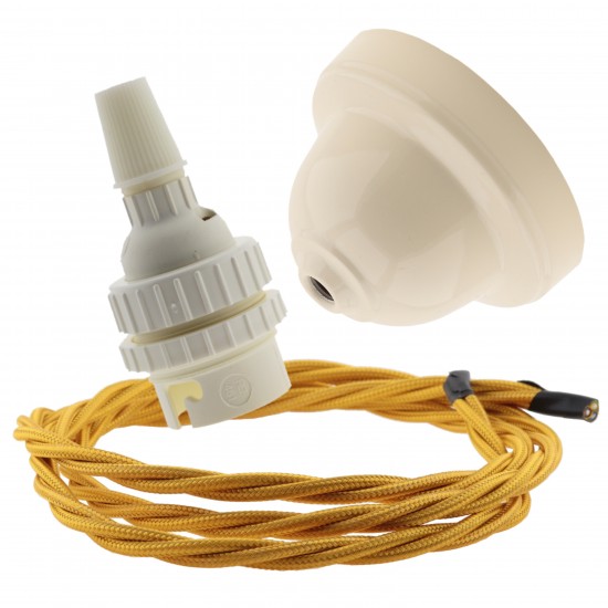 Ivory Bakelite Ceiling Pendant Kit with B22 White Thermoset Lampholder and Gold Flex Ivory Bakelite Ceiling Pendant Kit with B22 White Thermoset Lampholder and Gold Flex