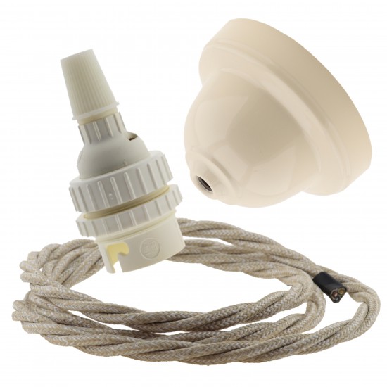 Ivory Bakelite Ceiling Pendant Kit with B22 White Thermoset Lampholder and Linen Flex Ivory Bakelite Ceiling Pendant Kit with B22 White Thermoset Lampholder and Linen Flex