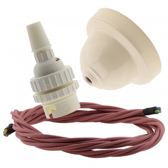 Ivory Bakelite Ceiling Pendant Kit with B22 White Thermoset Lampholder and Dusky Pink Flex Ivory Bakelite Ceiling Pendant Kit with B22 White Thermoset Lampholder and Dusky Pink Flex