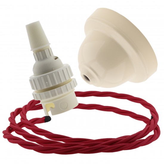 Ivory Bakelite Ceiling Pendant Kit with B22 White Thermoset Lampholder and Bright Red Flex