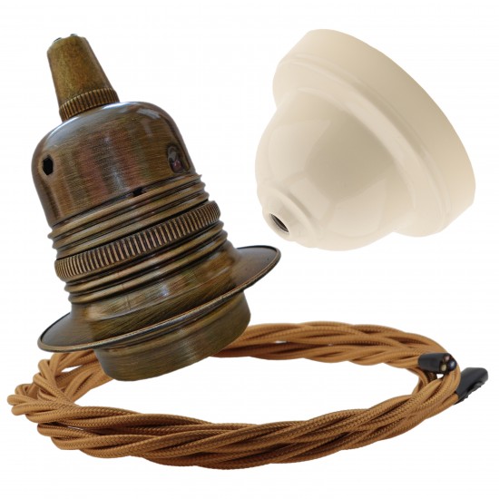 Pendant Kit with Ivory Bakelite Ceiling cup E27 Antique Brass Lampholder and Antique Gold Flex