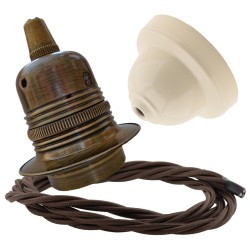 Pendant Kit with Ivory Bakelite Ceiling cup E27 Antique Brass Lampholder and Mocha Brown Flex Pendant Kit with Ivory Bakelite Ceiling cup E27 Antique Brass Lampholder and Mocha Brown Flex