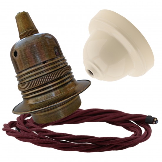 Pendant Kit with Ivory Bakelite Ceiling cup E27 Antique Brass Lampholder and Rich Burgundy Flex