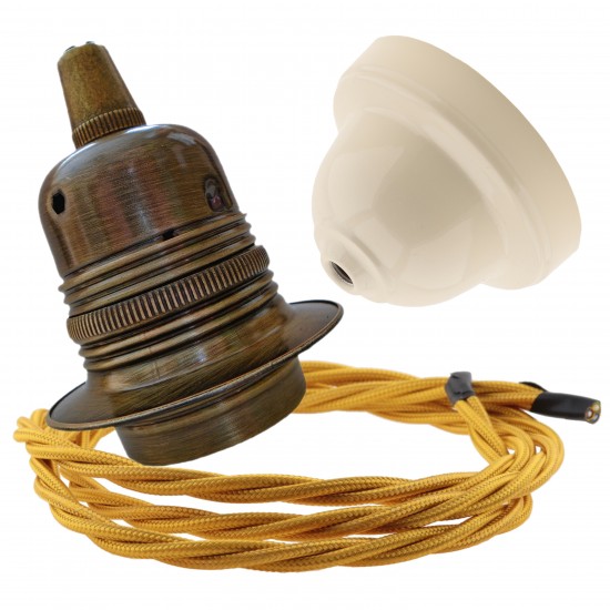 Pendant Kit with Ivory Bakelite Ceiling cup E27 Antique Brass Lampholder and Gold Flex