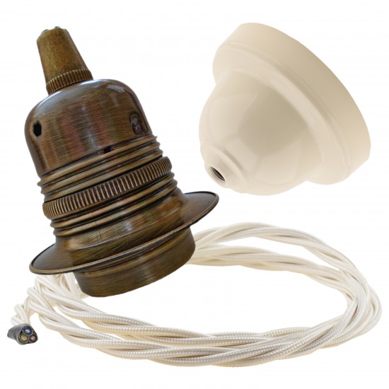 Pendant Kit with Ivory Bakelite Ceiling cup E27 Antique Brass Lampholder and Classic Ivory Flex