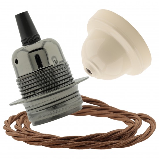 Pendant Kit with Ivory Bakelite Ceiling cup E27 Dark Bronze Lampholder and Bronze Flex