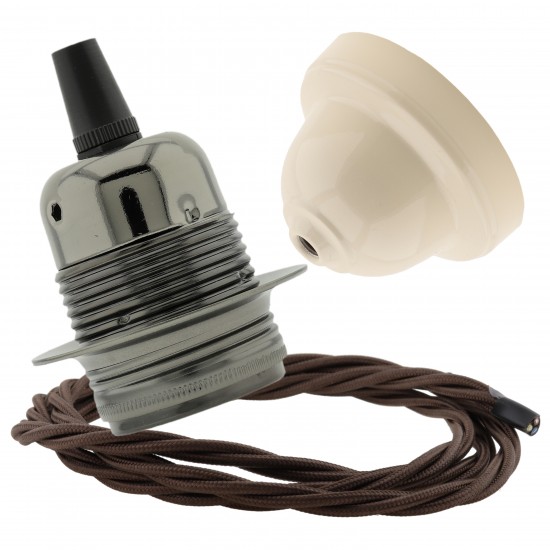 Pendant Kit with Ivory Bakelite Ceiling cup E27 Dark Bronze Lampholder and Mocha Brown Flex