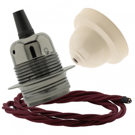 Pendant Kit with Ivory Bakelite Ceiling cup E27 Dark Bronze Lampholder and Rich Burgundy Flex