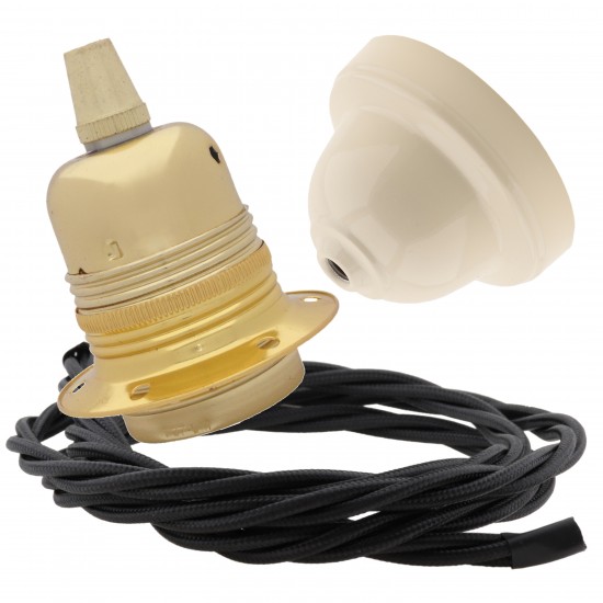 Pendant Kit with Ivory Bakelite Ceiling cup E27 Polished Brass Finish Lampholder and Black Flex