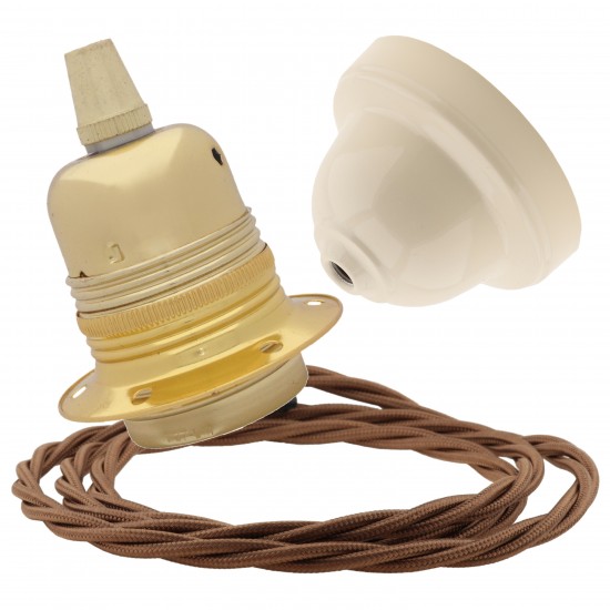 Pendant Kit with Ivory Bakelite Ceiling cup E27 Polished Brass Finish Lampholder and Bronze Flex