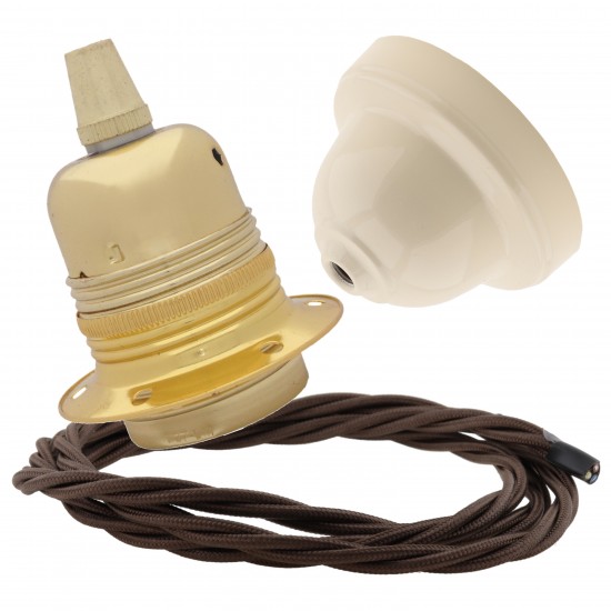 Pendant Kit with Ivory Bakelite Ceiling cup E27 Polished Brass Finish Lampholder and Mocha Brown Flex