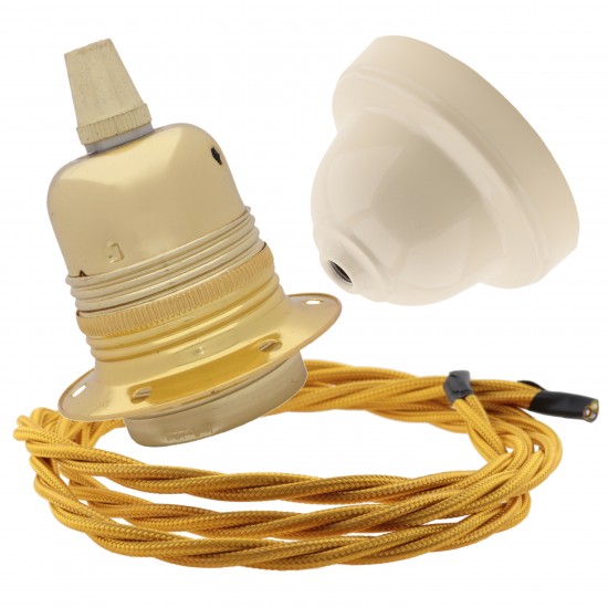 Pendant Kit with Ivory Bakelite Ceiling cup E27 Polished Brass Finish Lampholder and Gold Flex