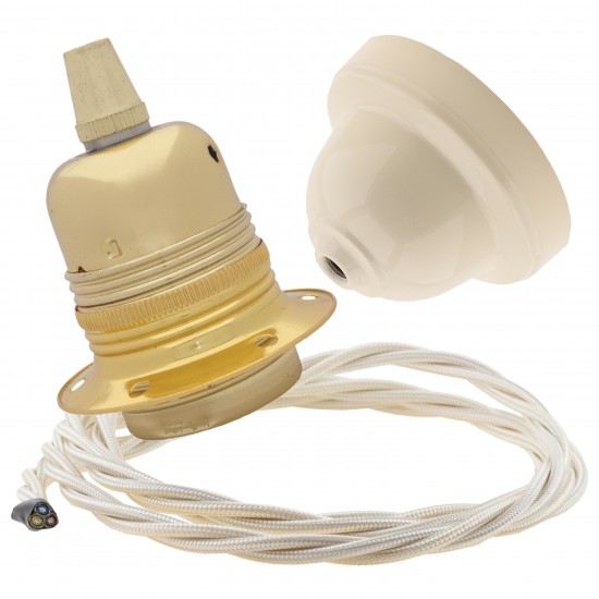 Pendant Kit with Ivory Bakelite Ceiling cup E27 Polished Brass Finish Lampholder and Classic Ivory Flex