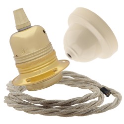 Pendant Kit with Ivory Bakelite Ceiling cup E27 Polished Brass Finish Lampholder and Linen Flex Pendant Kit with Ivory Bakelite Ceiling cup E27 Polished Brass Finish Lampholder and Linen Flex