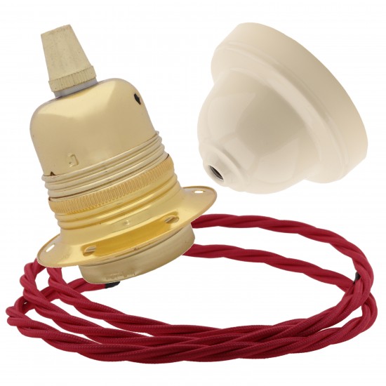 Pendant Kit with Ivory Bakelite Ceiling cup E27 Polished Brass Finish Lampholder and Bright Red Flex