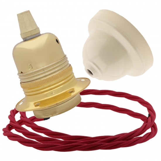 Pendant Kit with Ivory Bakelite Ceiling cup E27 Polished Brass Finish Lampholder and Bright Red Flex Pendant Kit with Ivory Bakelite Ceiling cup E27 Polished Brass Finish Lampholder and Bright Red Flex