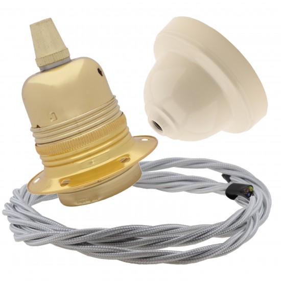 Pendant Kit with Ivory Bakelite Ceiling cup E27 Polished Brass Finish Lampholder and Silver Flex