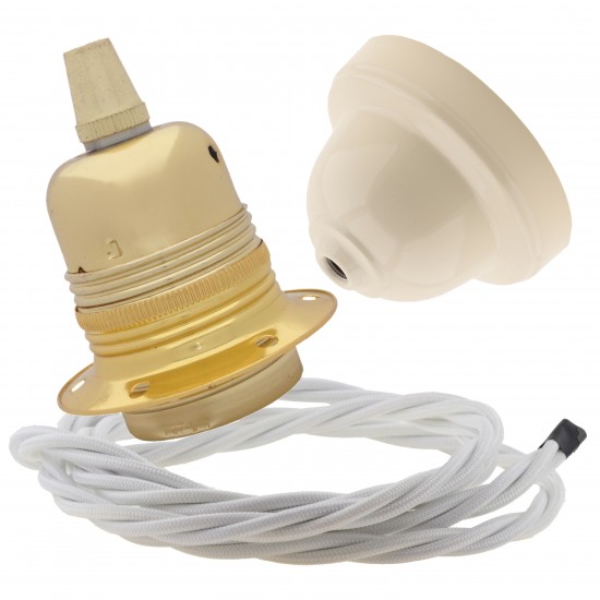 Pendant Kit with Ivory Bakelite Ceiling cup E27 Polished Brass Finish Lampholder and White Flex