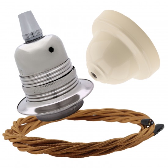 Pendant Kit with Ivory Bakelite Ceiling cup E27 Silver Nickel Finish Lampholder and Antique Gold Flex
