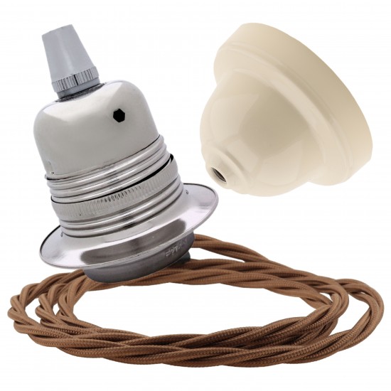 Pendant Kit with Ivory Bakelite Ceiling cup E27 Silver Nickel Finish Lampholder and Bronze Flex