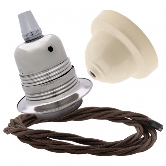 Pendant Kit with Ivory Bakelite Ceiling cup E27 Silver Nickel Finish Lampholder and Mocha Brown Flex