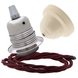Pendant Kit with Ivory Bakelite Ceiling cup E27 Silver Nickel Finish Lampholder and Rich Burgundy Flex Pendant Kit with Ivory Bakelite Ceiling cup E27 Silver Nickel Finish Lampholder and Rich Burgundy Flex