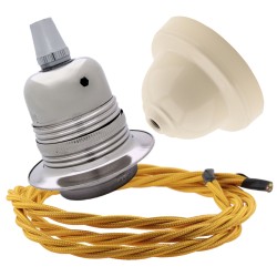 Pendant Kit with Ivory Bakelite Ceiling cup E27 Silver Nickel Finish Lampholder and Gold Flex Pendant Kit with Ivory Bakelite Ceiling cup E27 Silver Nickel Finish Lampholder and Gold Flex