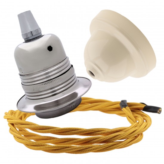Pendant Kit with Ivory Bakelite Ceiling cup E27 Silver Nickel Finish Lampholder and Gold Flex