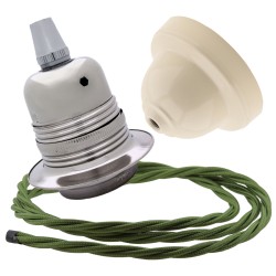 Pendant Kit with Ivory Bakelite Ceiling cup E27 Silver Nickel Finish Lampholder and Green Flex Pendant Kit with Ivory Bakelite Ceiling cup E27 Silver Nickel Finish Lampholder and Green Flex