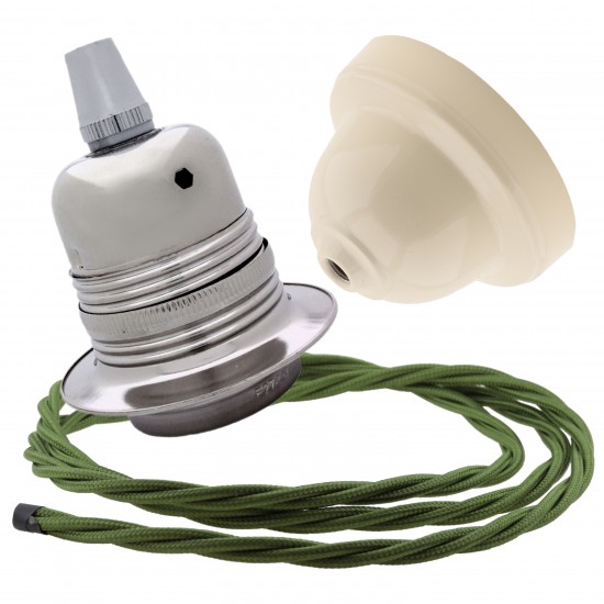 Pendant Kit with Ivory Bakelite Ceiling cup E27 Silver Nickel Finish Lampholder and Green Flex