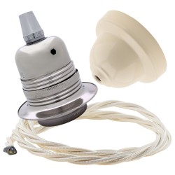 Pendant Kit with Ivory Bakelite Ceiling cup E27 Silver Nickel Finish Lampholder and Classic Ivory Flex Pendant Kit with Ivory Bakelite Ceiling cup E27 Silver Nickel Finish Lampholder and Classic Ivory Flex