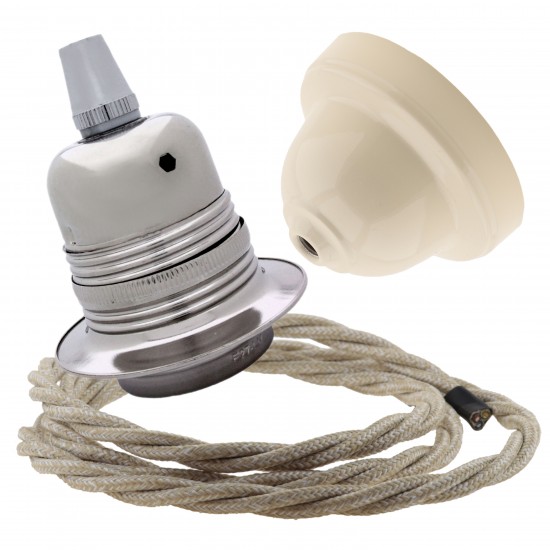 Pendant Kit with Ivory Bakelite Ceiling cup E27 Silver Nickel Finish Lampholder and Linen Flex