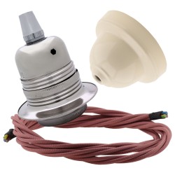 Pendant Kit with Ivory Bakelite Ceiling cup E27 Silver Nickel Finish Lampholder and Dusky Pink Flex Pendant Kit with Ivory Bakelite Ceiling cup E27 Silver Nickel Finish Lampholder and Dusky Pink Flex