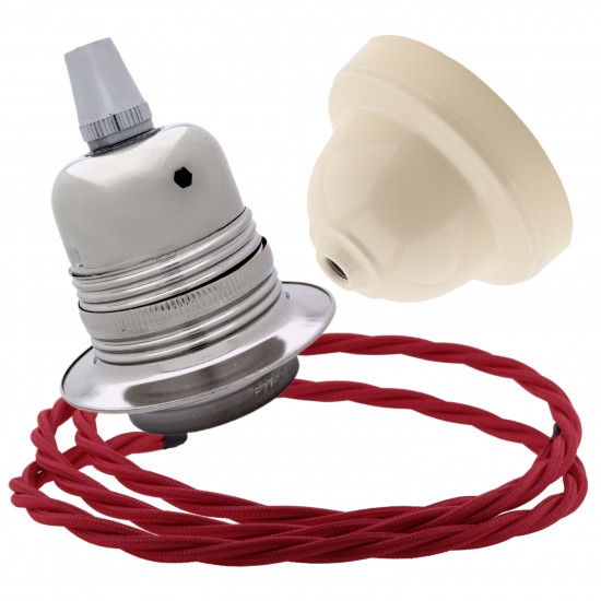 Pendant Kit with Ivory Bakelite Ceiling cup E27 Silver Nickel Finish Lampholder and Bright Red Flex