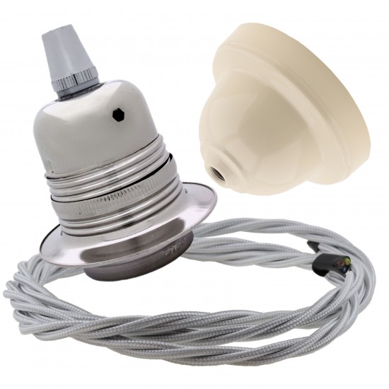 Pendant Kit with Ivory Bakelite Ceiling cup E27 Silver Nickel Finish Lampholder and Silver Flex