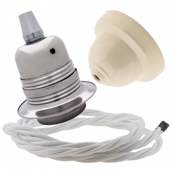 Pendant Kit with Ivory Bakelite Ceiling cup E27 Silver Nickel Finish Lampholder and White Flex