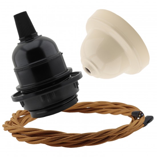 Pendant Kit Bakelite Ceiling Cup in Applied Ivory Finish with a Black Bakelite Lampholder and Antique Gold Flex