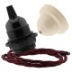 Pendant Kit Bakelite Ceiling Cup in Applied Ivory Finish with a Black Bakelite Lampholder and Rich Burgundy Flex