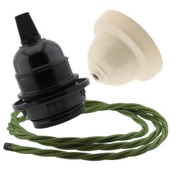 Pendant Kit Bakelite Ceiling Cup in Applied Ivory Finish with a Black Bakelite Lampholder and Green Flex Pendant Kit Bakelite Ceiling Cup in Applied Ivory Finish with a Black Bakelite Lampholder and Green Flex