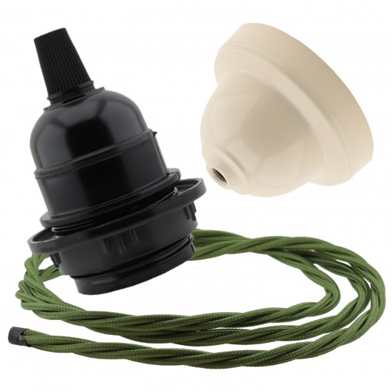 Pendant Kit Bakelite Ceiling Cup in Applied Ivory Finish with a Black Bakelite Lampholder and Green Flex