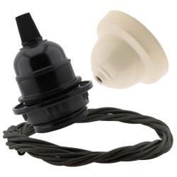 Pendant Kit Bakelite Ceiling Cup in Applied Ivory Finish with a Black Bakelite Lampholder and Khaki Green Flex