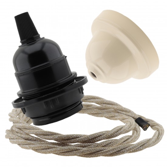 Pendant Kit Bakelite Ceiling Cup in Applied Ivory Finish with a Black Bakelite Lampholder and Linen Flex